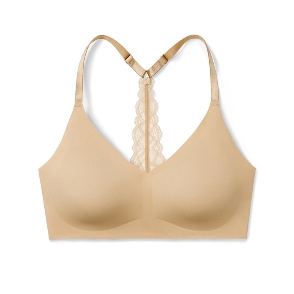 NEW Soft True Body Triangle Lace Racerback Bra, Nude, Removable Pads, Large